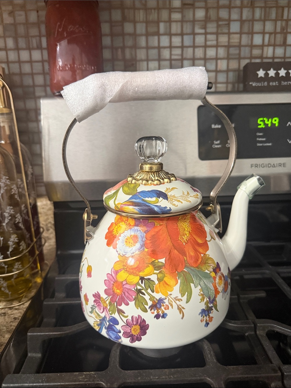 McKenzie Childs Floral Enamel Tea Kettle - White with Multicolor Flowers